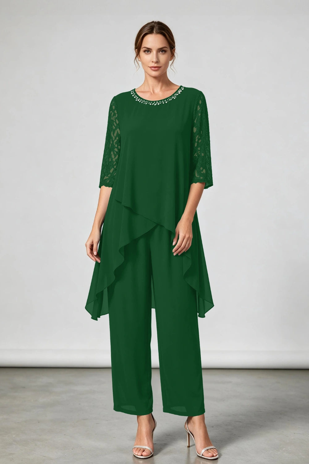 Peacock Blue Beaded-Neck Tiered Chiffon Pant Suit