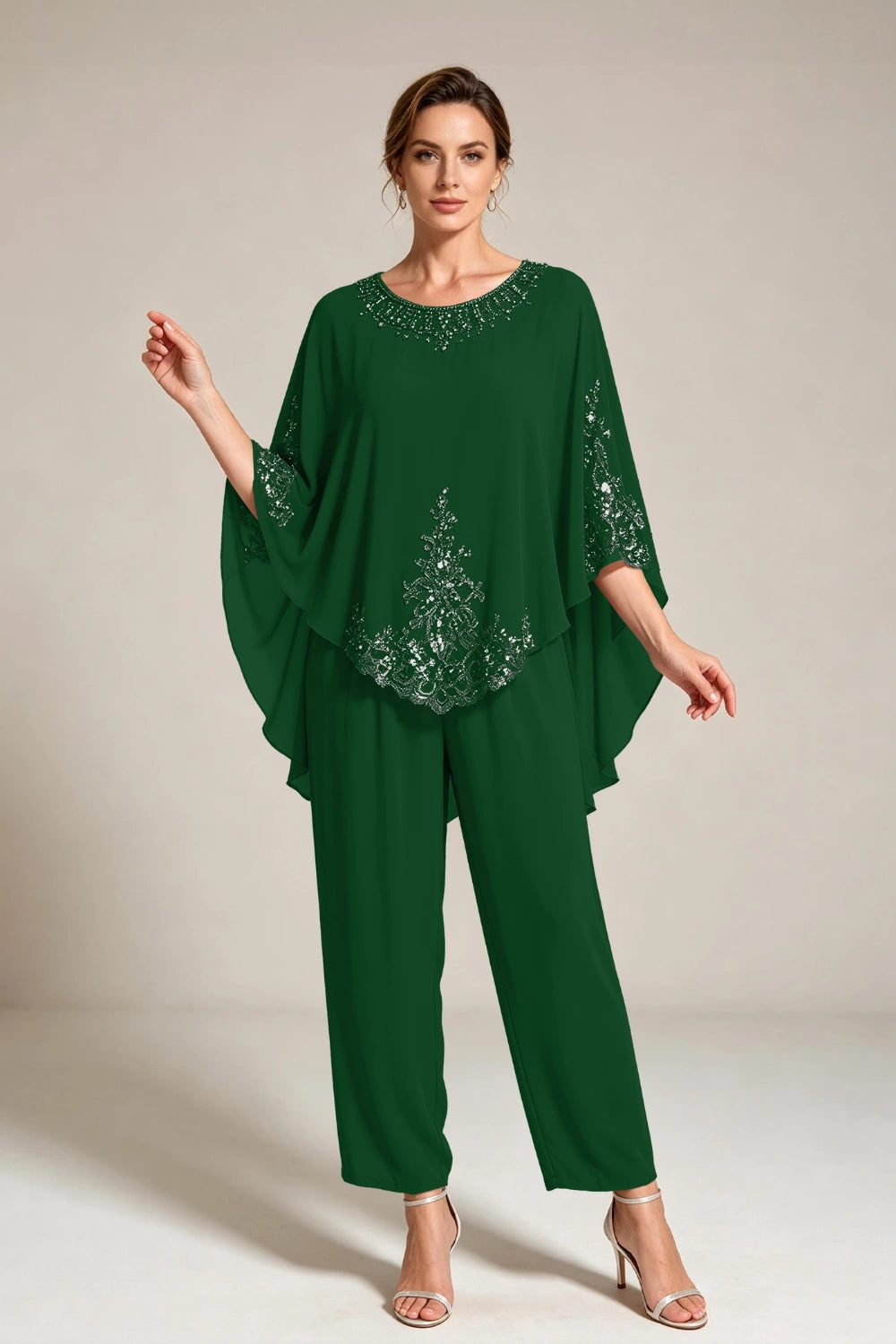 Beige Beaded-Lace Cape-Sleeve Chiffon Pant Suit