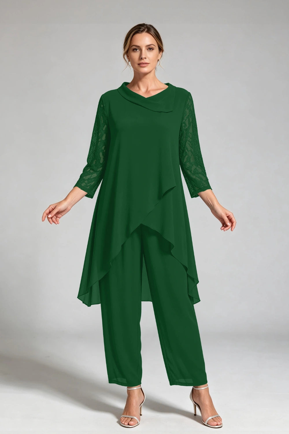 Peacock Blue Cowl Neck Lace Sleeve Chiffon Pant Suit