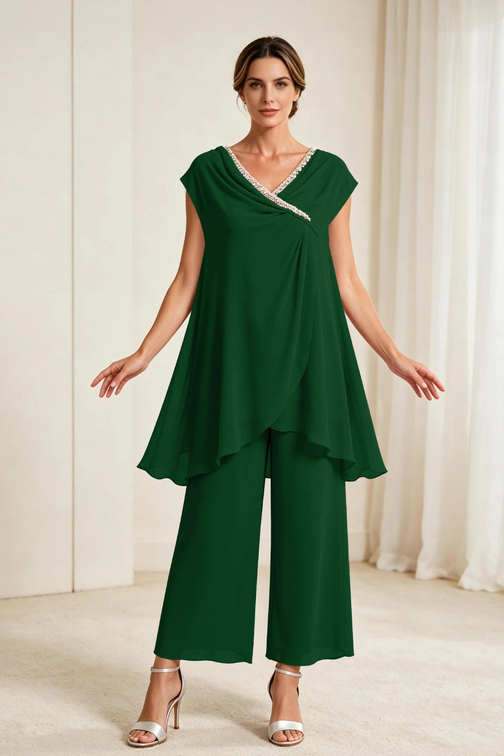 Dusty Rose Draped Asymmetric Chiffon Pant Suit