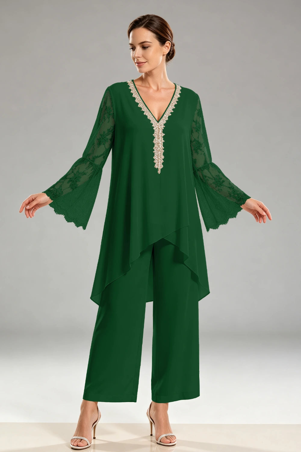Ivory Beaded Lace V Neck Chiffon Pant Suit