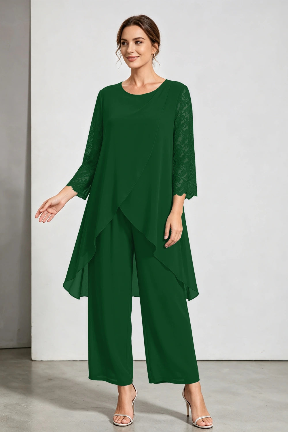 Peacock Blue Scoop Neck Tiered Chiffon Pant Suit