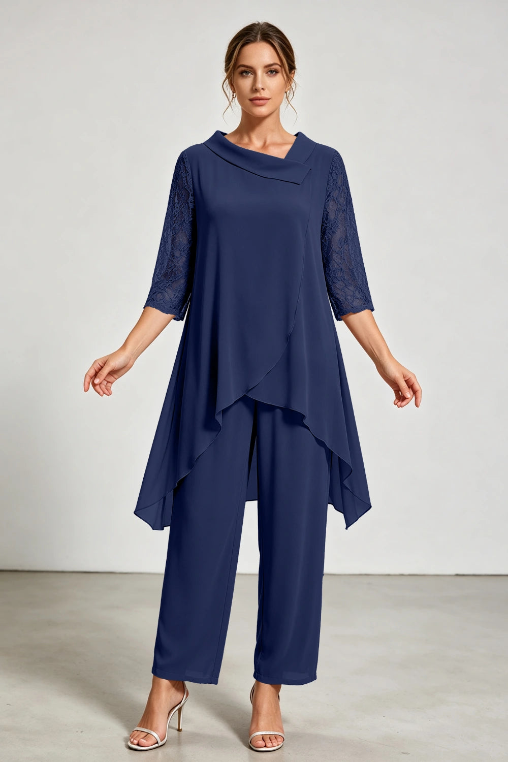 Beige Beaded Neck Lace Sleeve Chiffon Pant Suit
