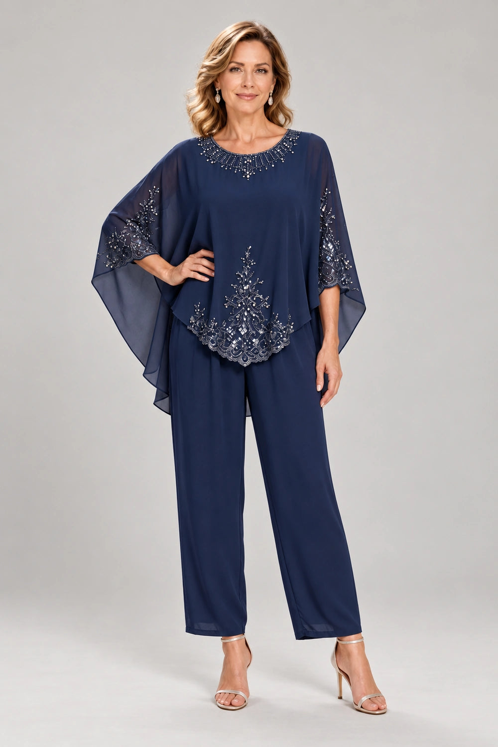 Beaded-Lace Cape-Sleeve Chiffon Pant Suit