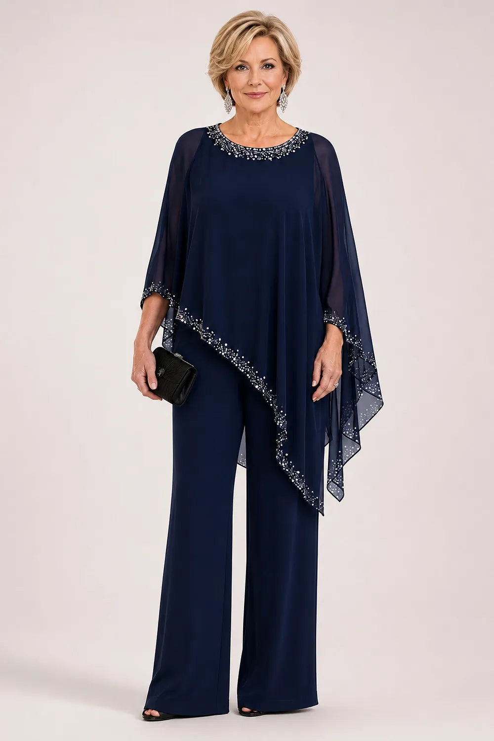 Beaded Chiffon Cape Formal Pant Suit with Wide Legs