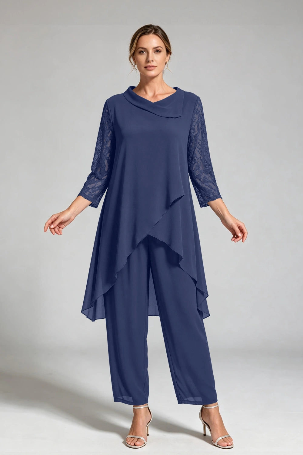 Peacock Blue Cowl Neck Lace Sleeve Chiffon Pant Suit