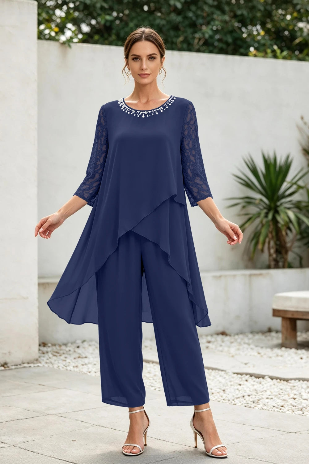 Dusty Blue Cross-Tier Lace-Sleeve Chiffon Pant Suit