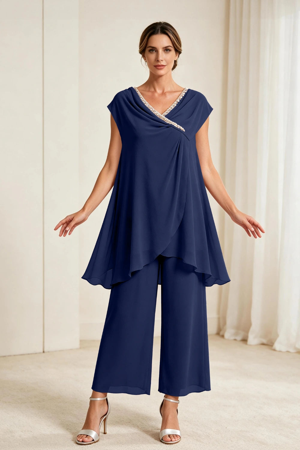 Dusty Rose Draped Asymmetric Chiffon Pant Suit