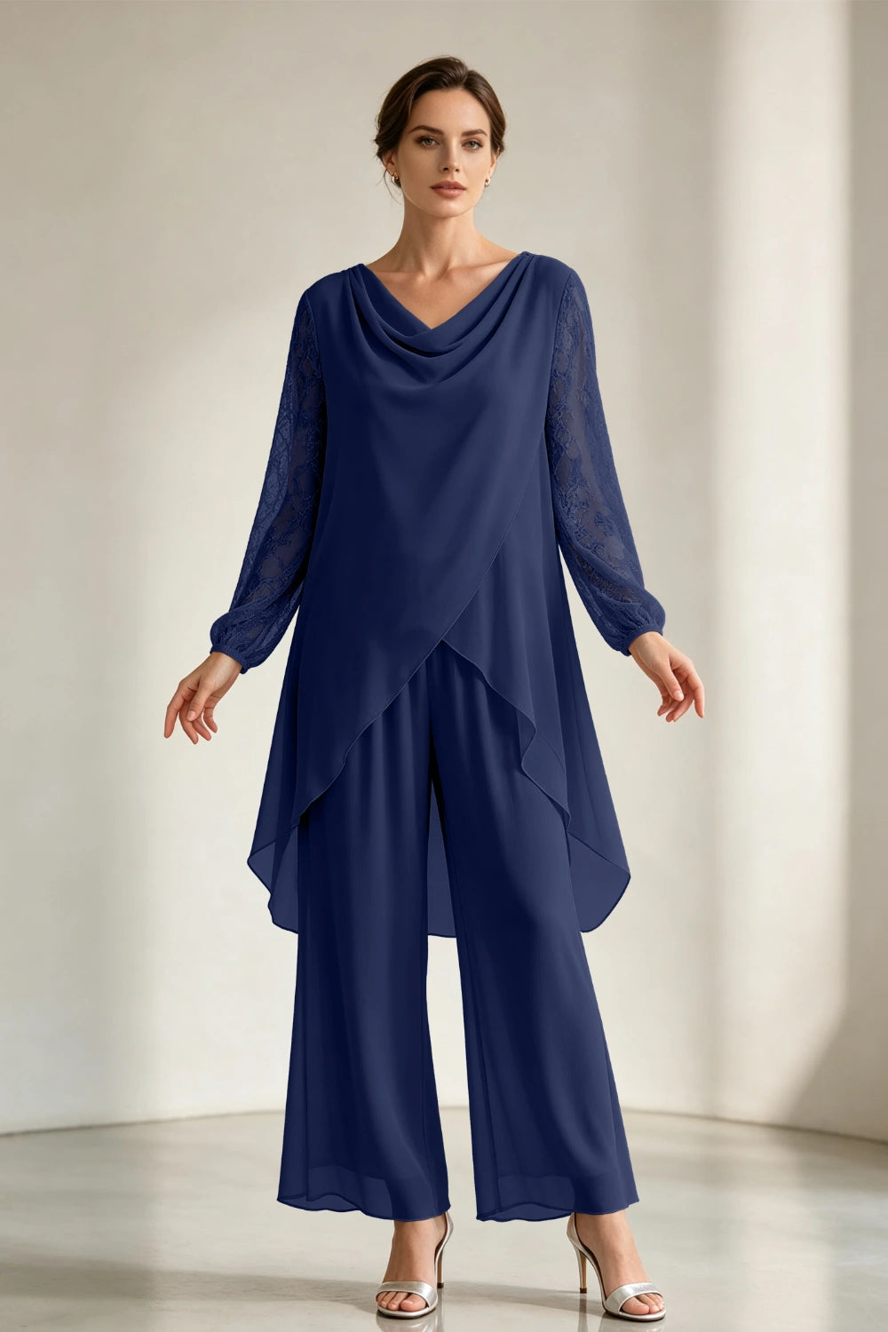 Champagne Draped Cowl Neck Chiffon Pant Suit