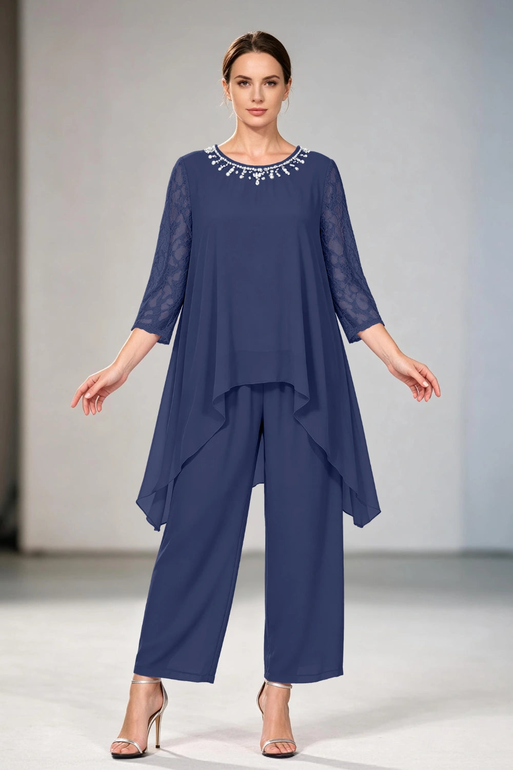 Dusty Lavender Lace-Sleeve Handkerchief-Hem Chiffon Pant Suit