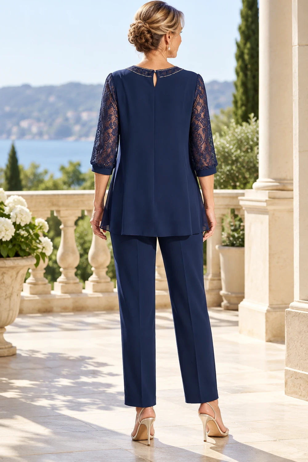 Beaded-Neck Lace-Sleeve Chiffon Pant Suit