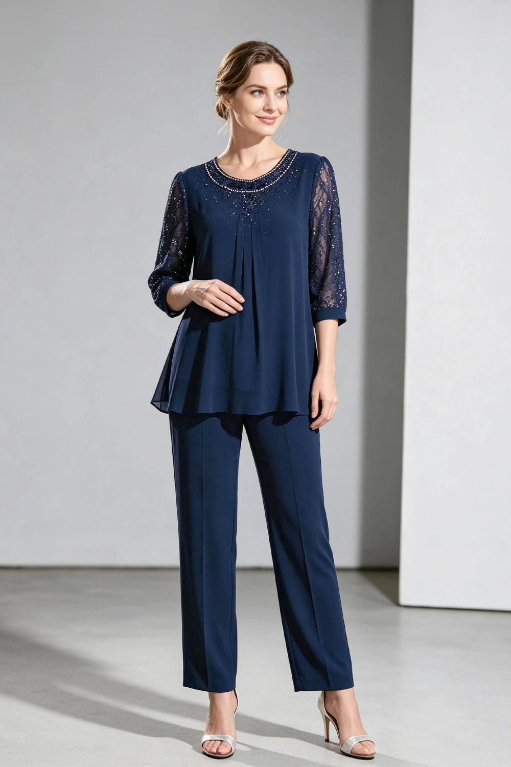 Navy Beaded-Neck Lace-Sleeve Chiffon Pant Suit