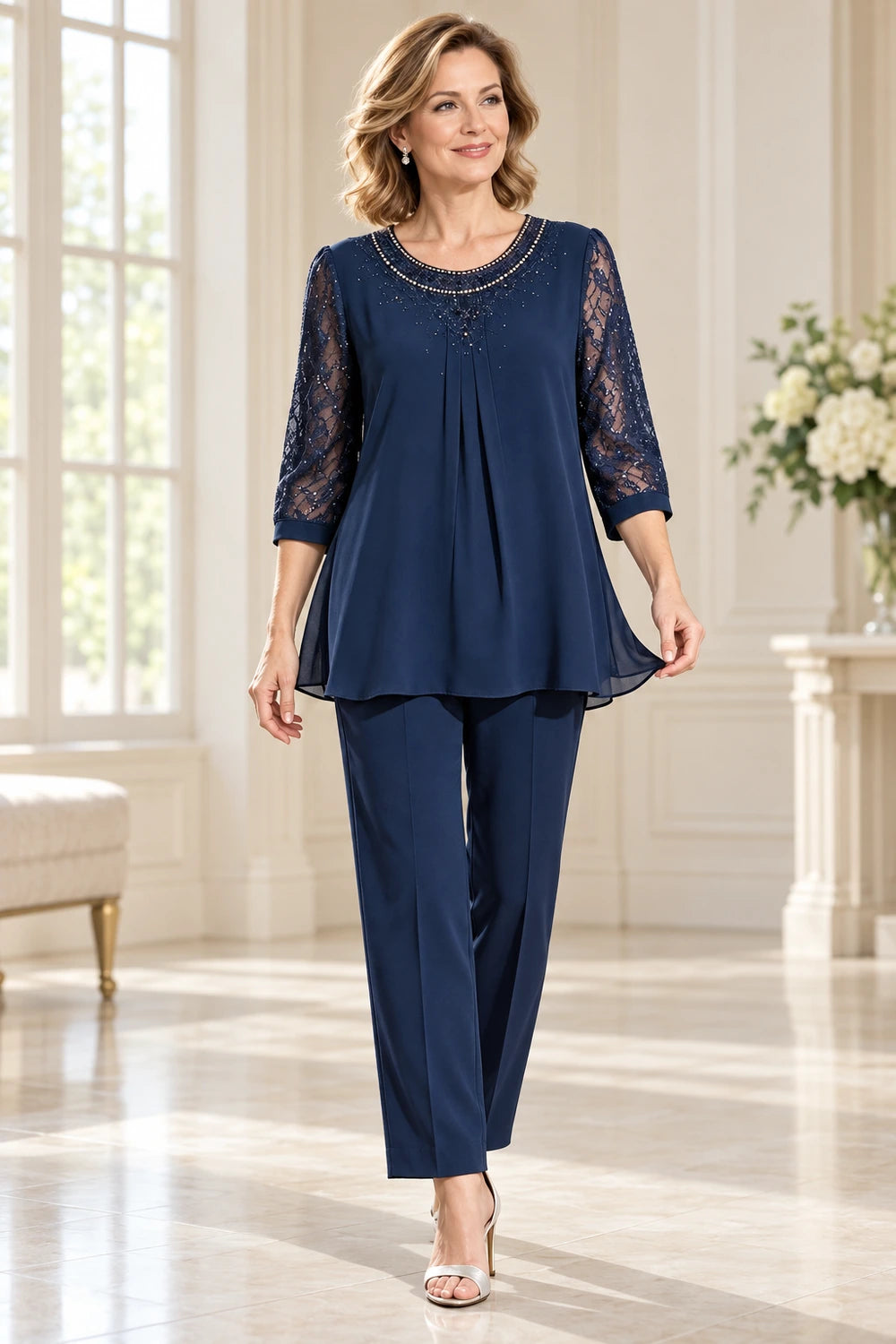Beaded-Neck Lace-Sleeve Chiffon Pant Suit