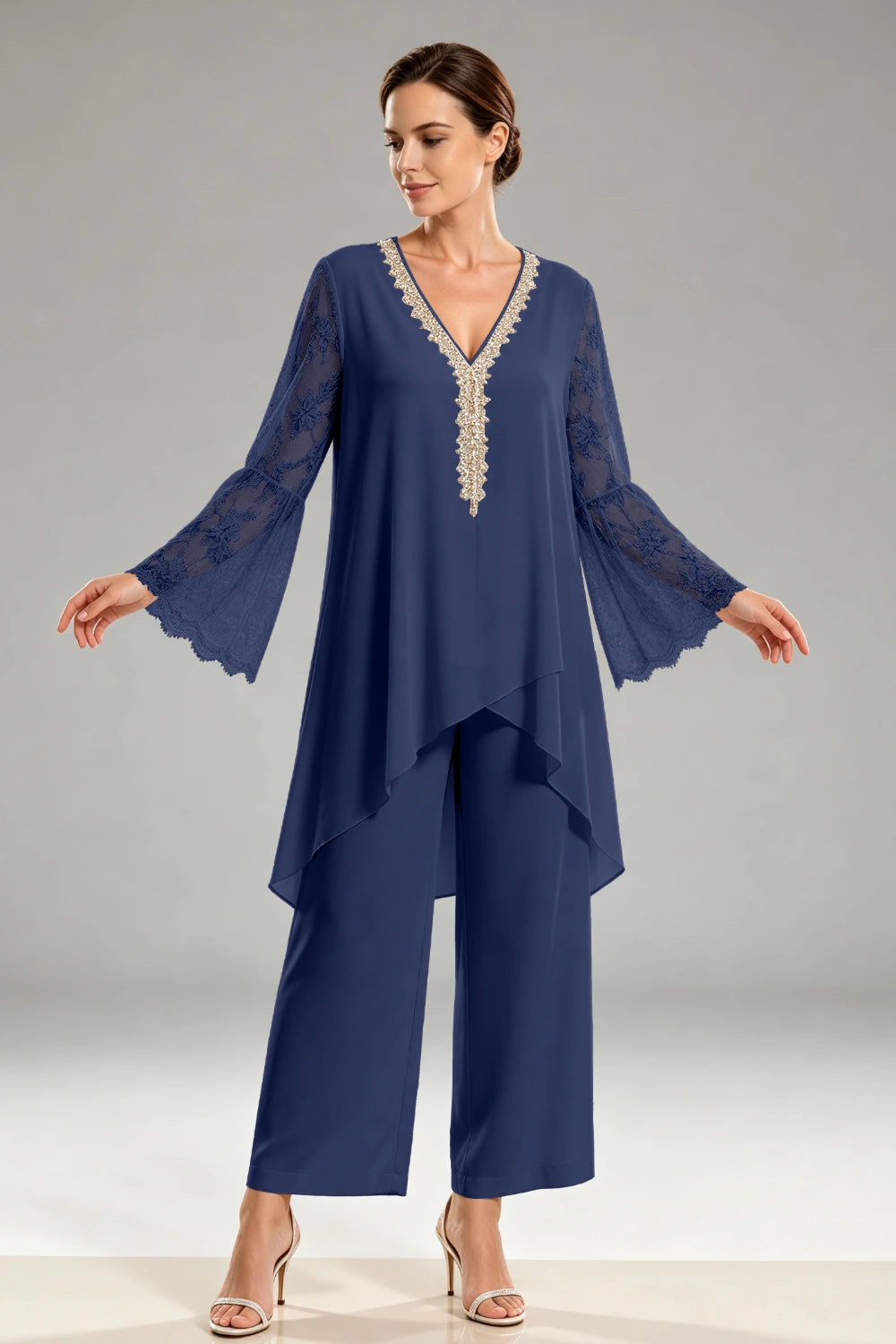 Ivory Beaded Lace V Neck Chiffon Pant Suit