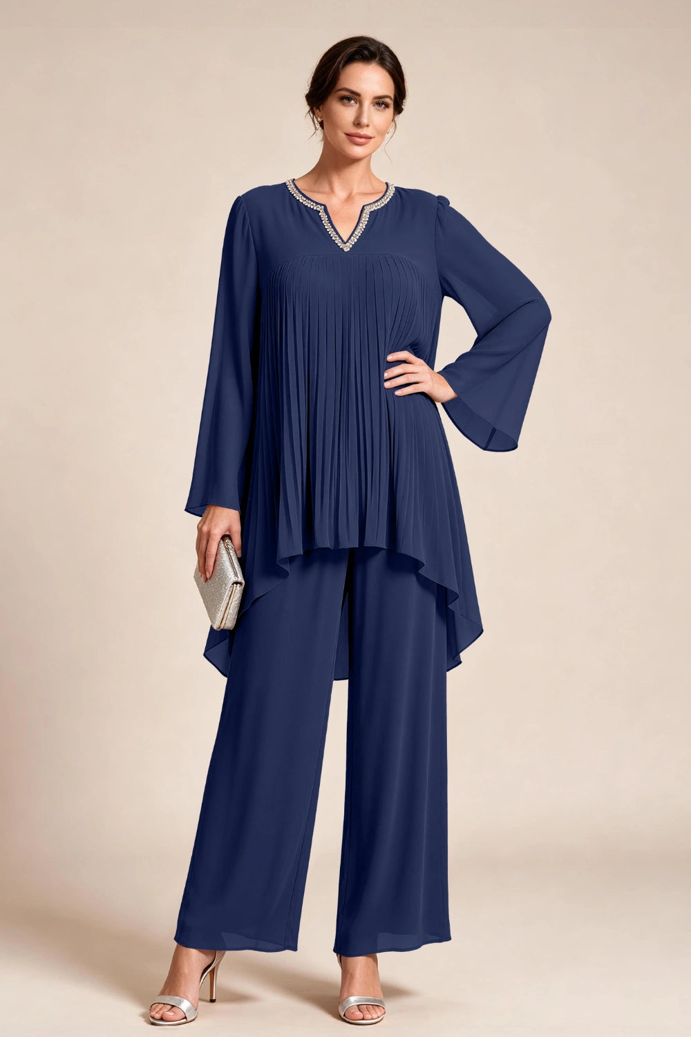 Beige Pleated-Bodice Chiffon Pant Suit
