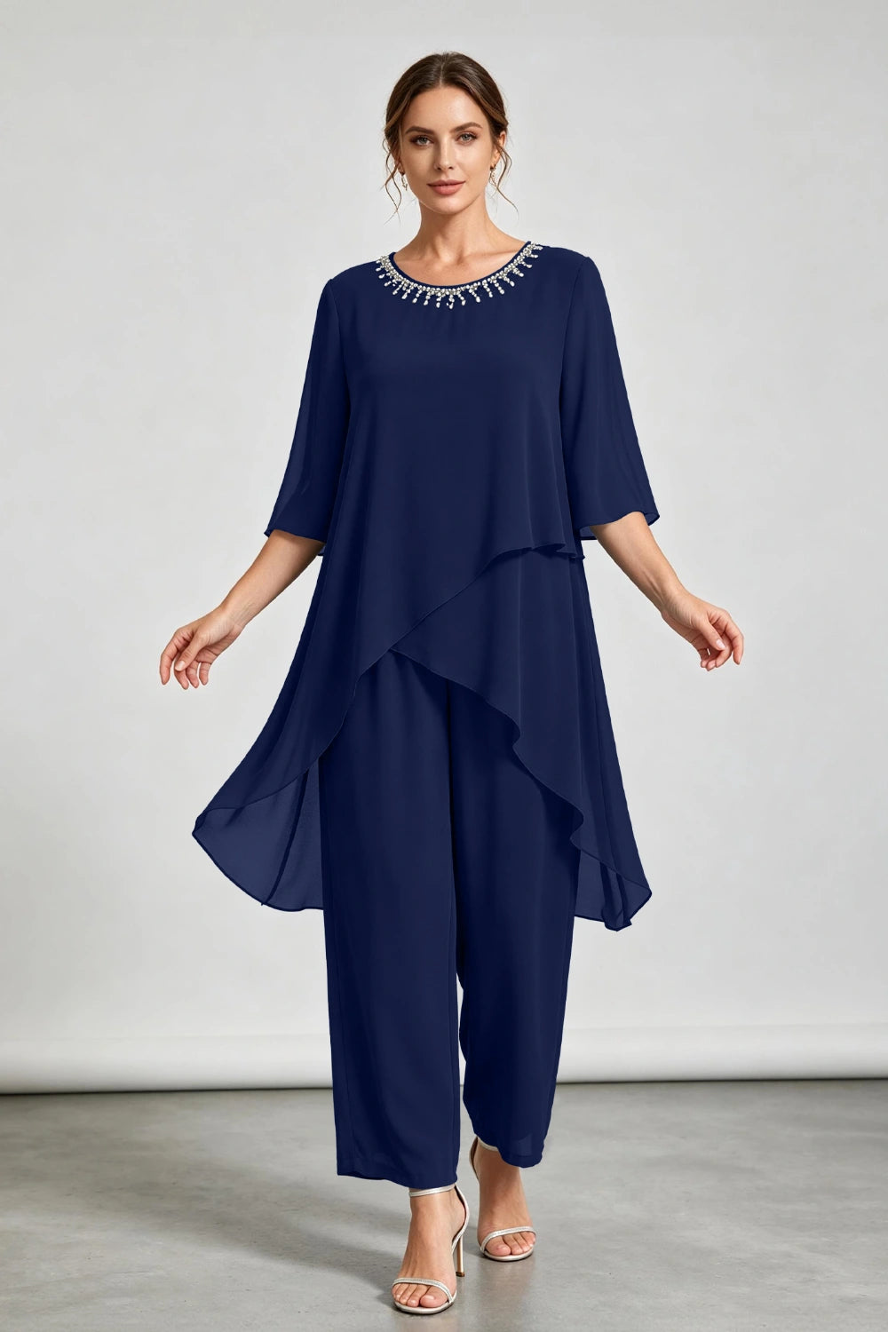 Peacock Blue Asymmetric Ruffle Chiffon Pant Suit