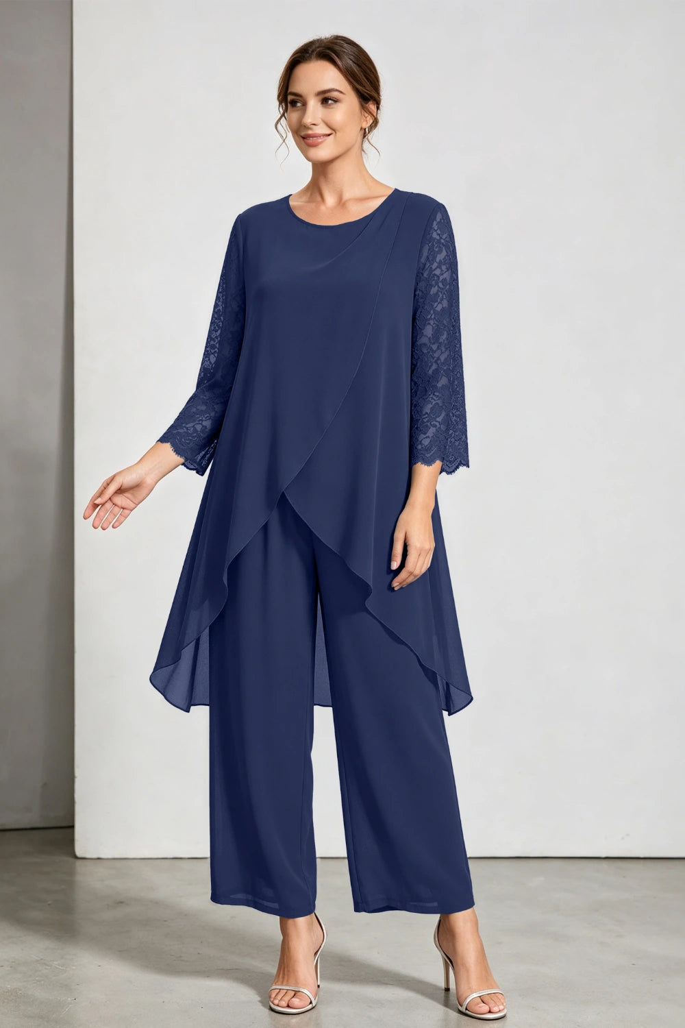 Peacock Blue Scoop Neck Tiered Chiffon Pant Suit