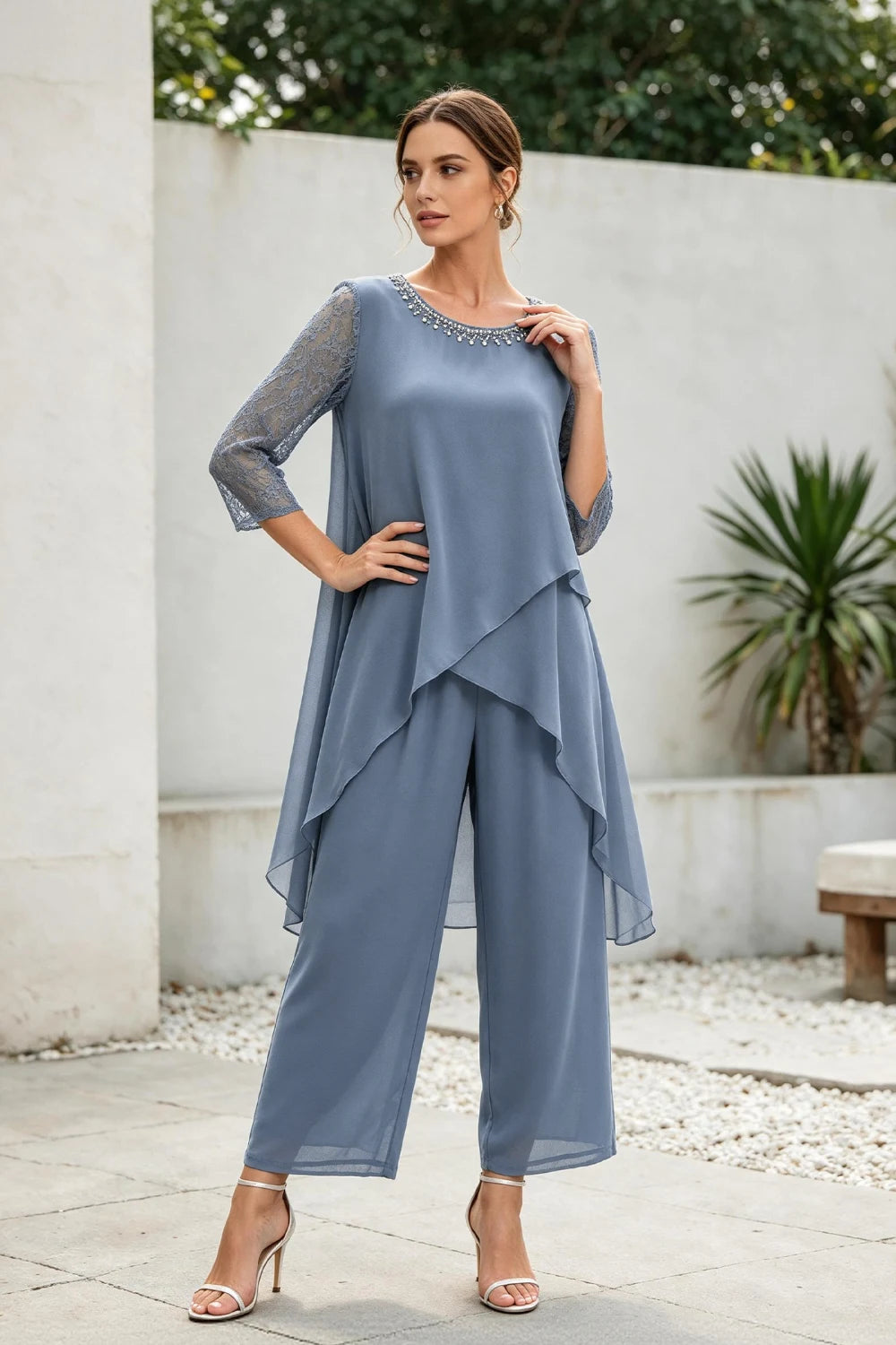 Dusty Blue Cross-Tier Lace-Sleeve Chiffon Pant Suit