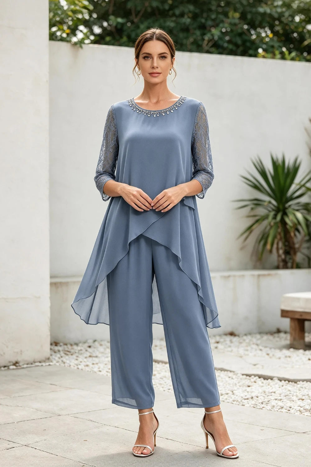 Dusty Blue Cross-Tier Lace-Sleeve Chiffon Pant Suit