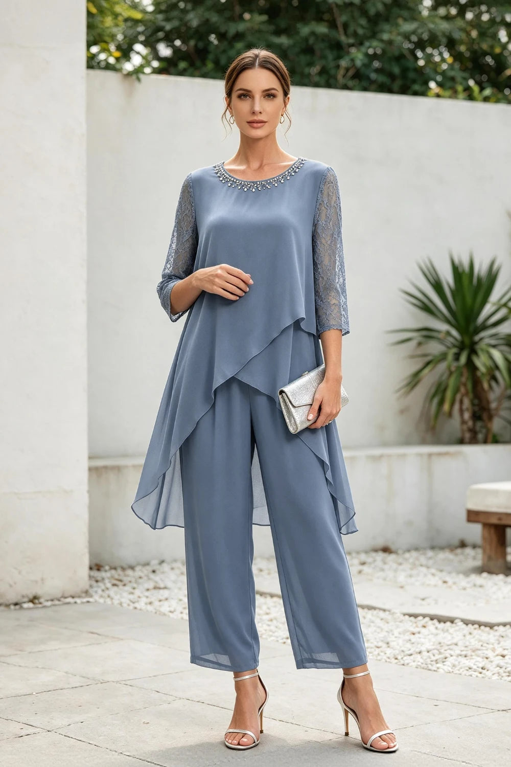 Dusty Blue Cross-Tier Lace-Sleeve Chiffon Pant Suit