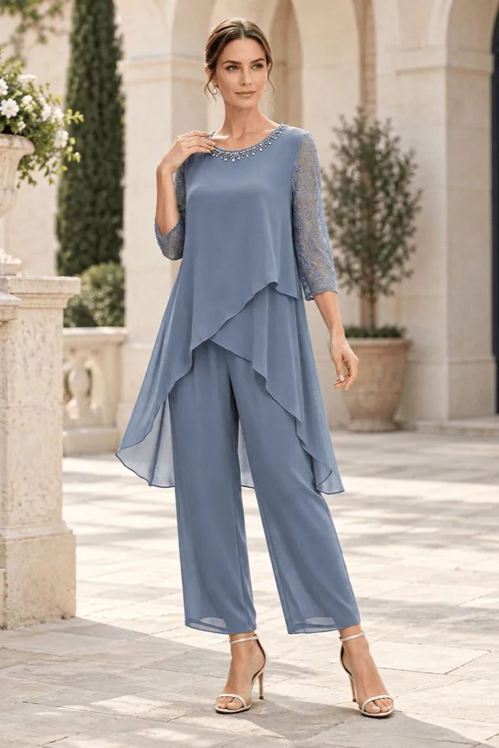 Dusty Blue Cross-Tier Lace-Sleeve Chiffon Pant Suit