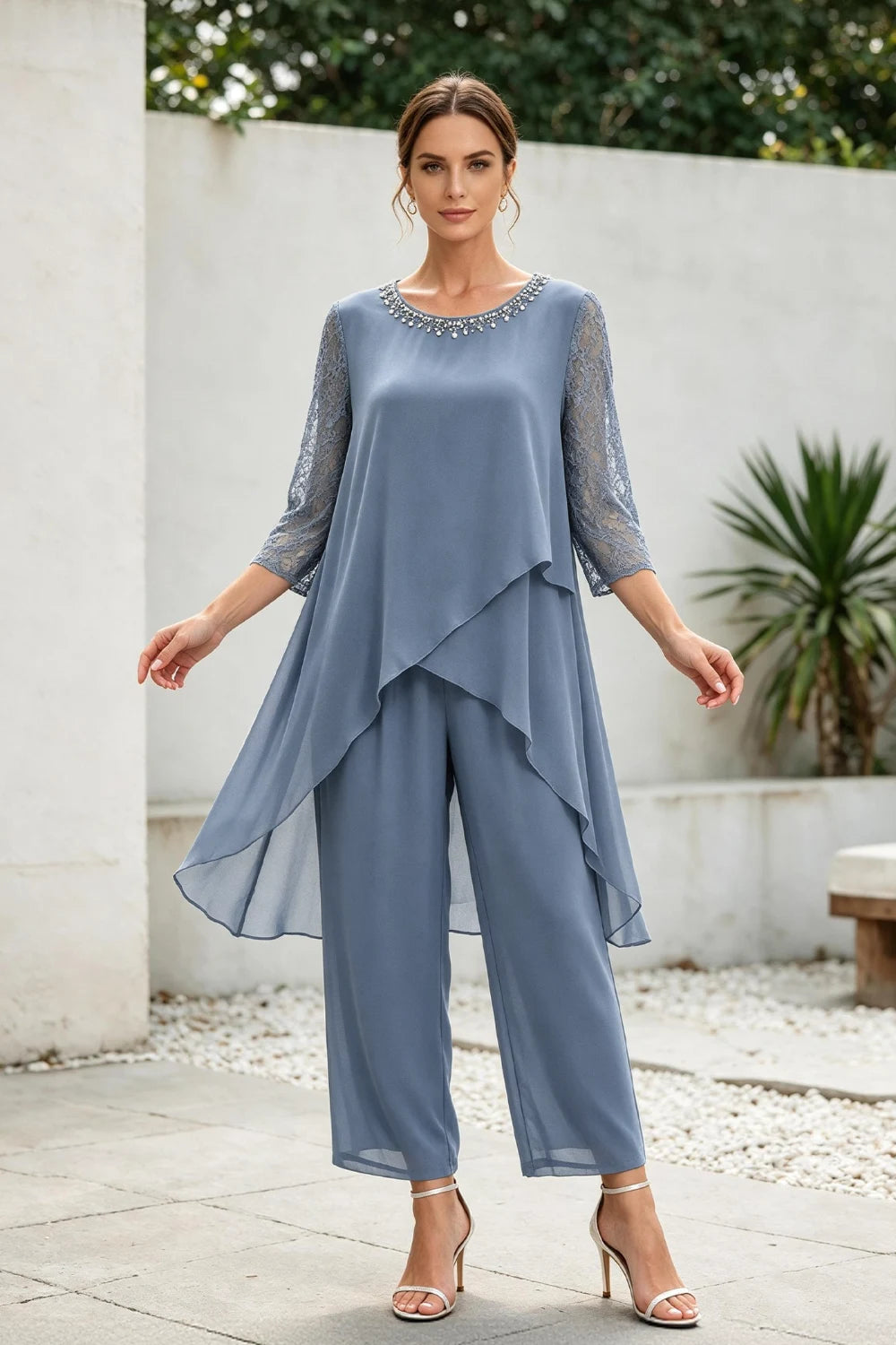 Dusty Blue Cross-Tier Lace-Sleeve Chiffon Pant Suit