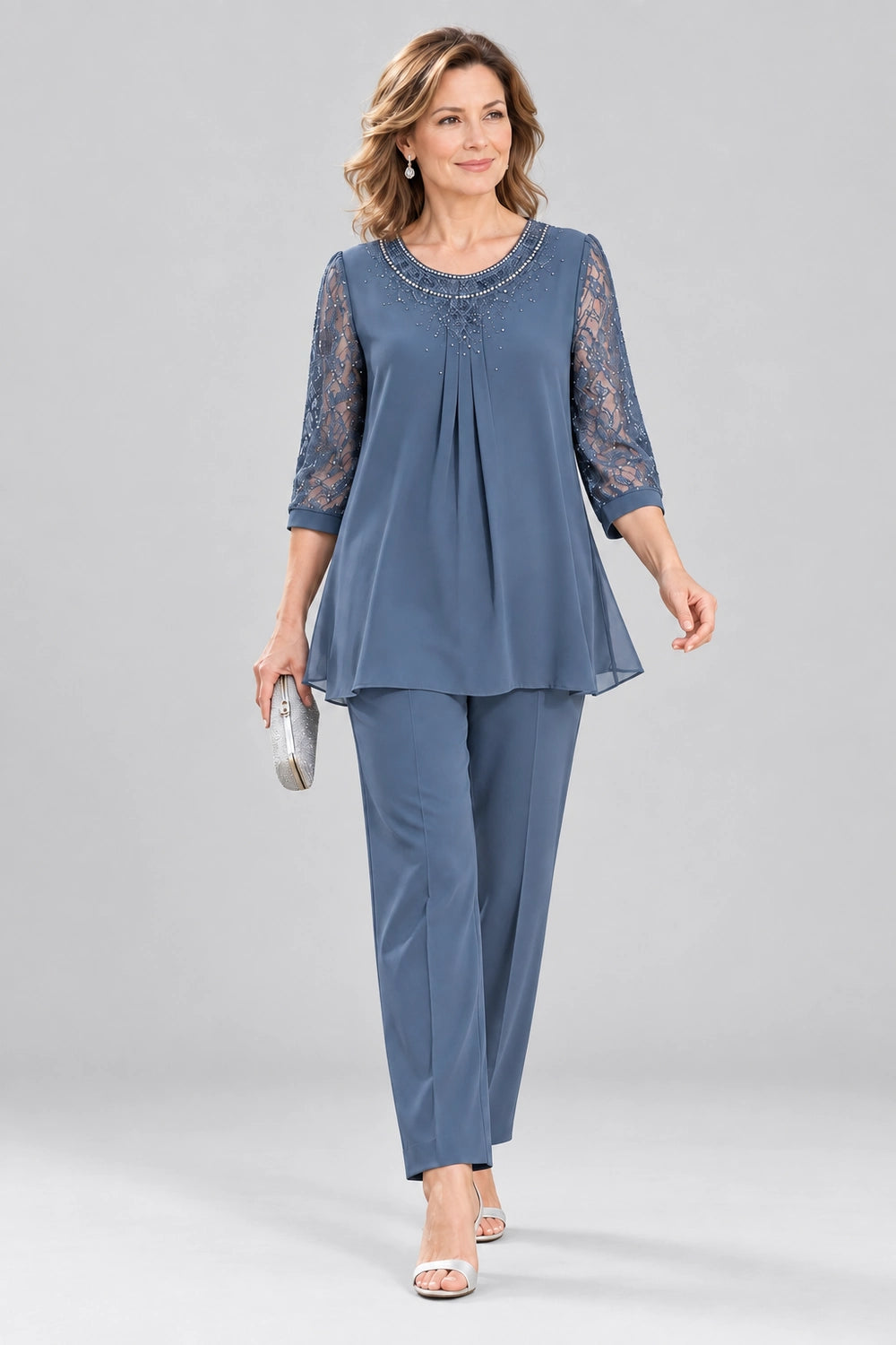 Beaded-Neck Lace-Sleeve Chiffon Pant Suit
