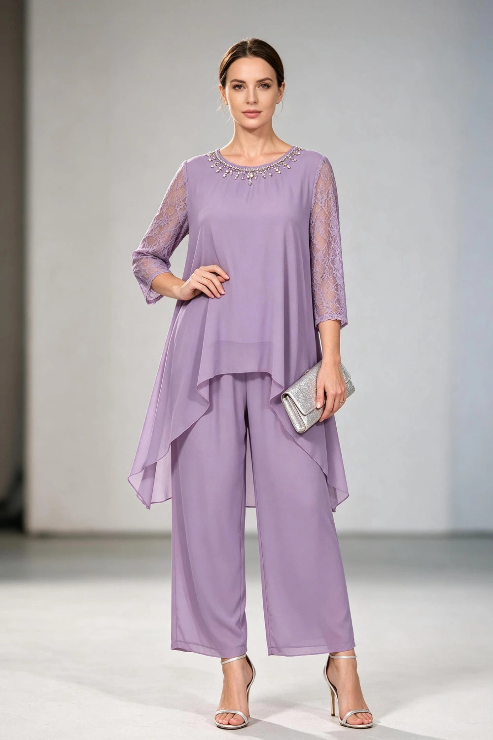 Dusty Lavender Lace-Sleeve Handkerchief-Hem Chiffon Pant Suit