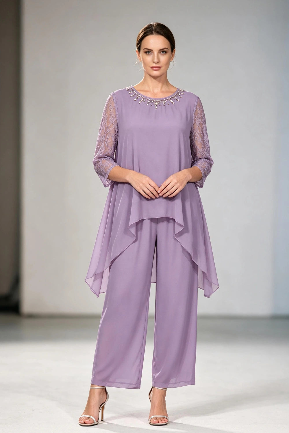 Dusty Lavender Lace-Sleeve Handkerchief-Hem Chiffon Pant Suit