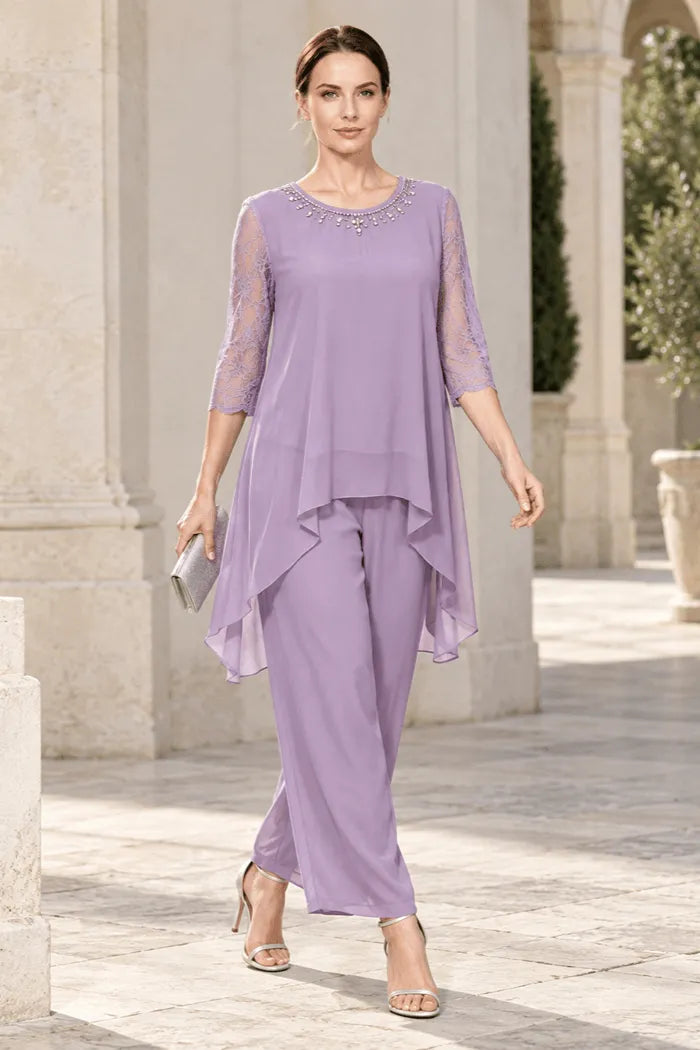 Dusty Lavender Lace-Sleeve Handkerchief-Hem Chiffon Pant Suit