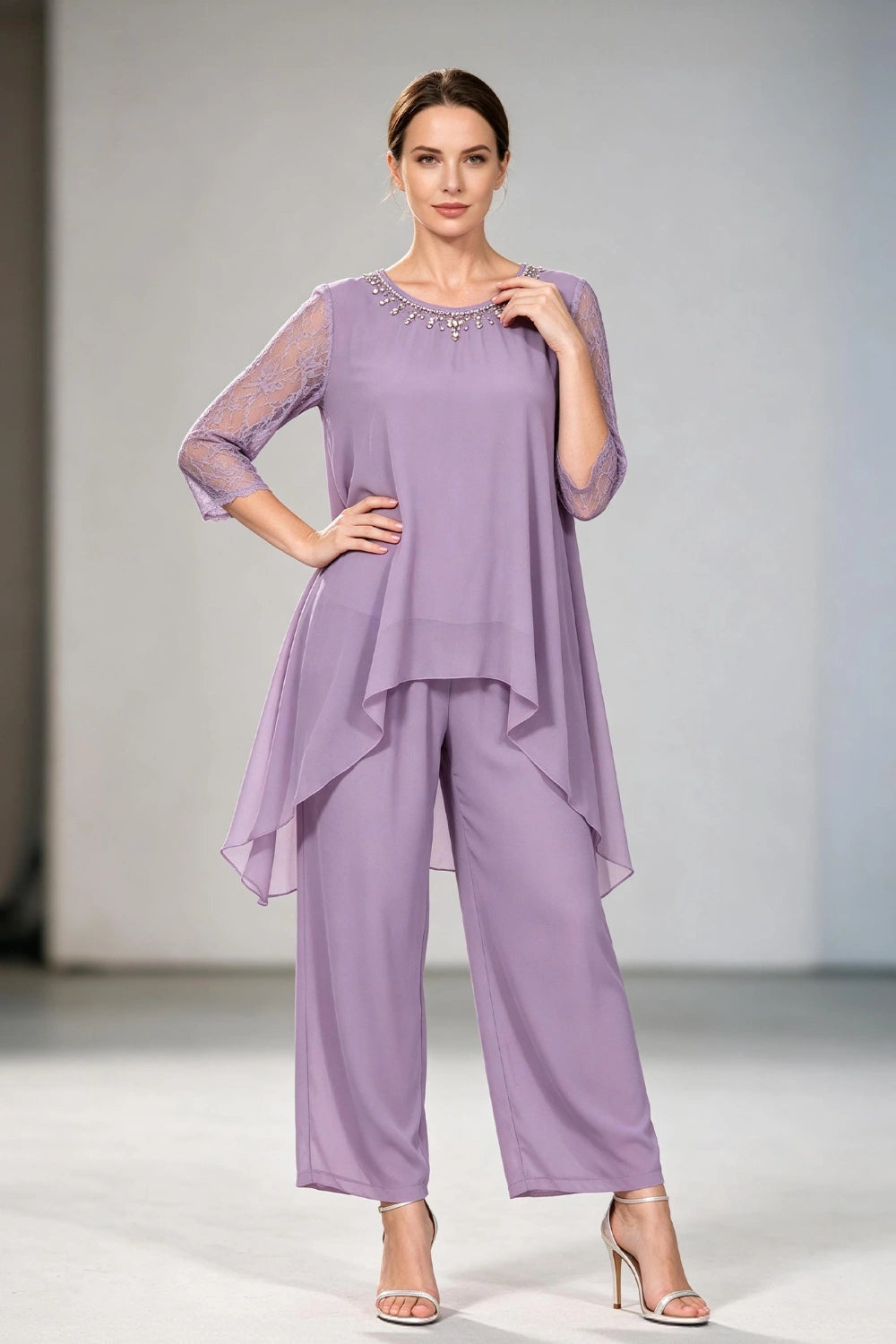 Dusty Lavender Lace-Sleeve Handkerchief-Hem Chiffon Pant Suit