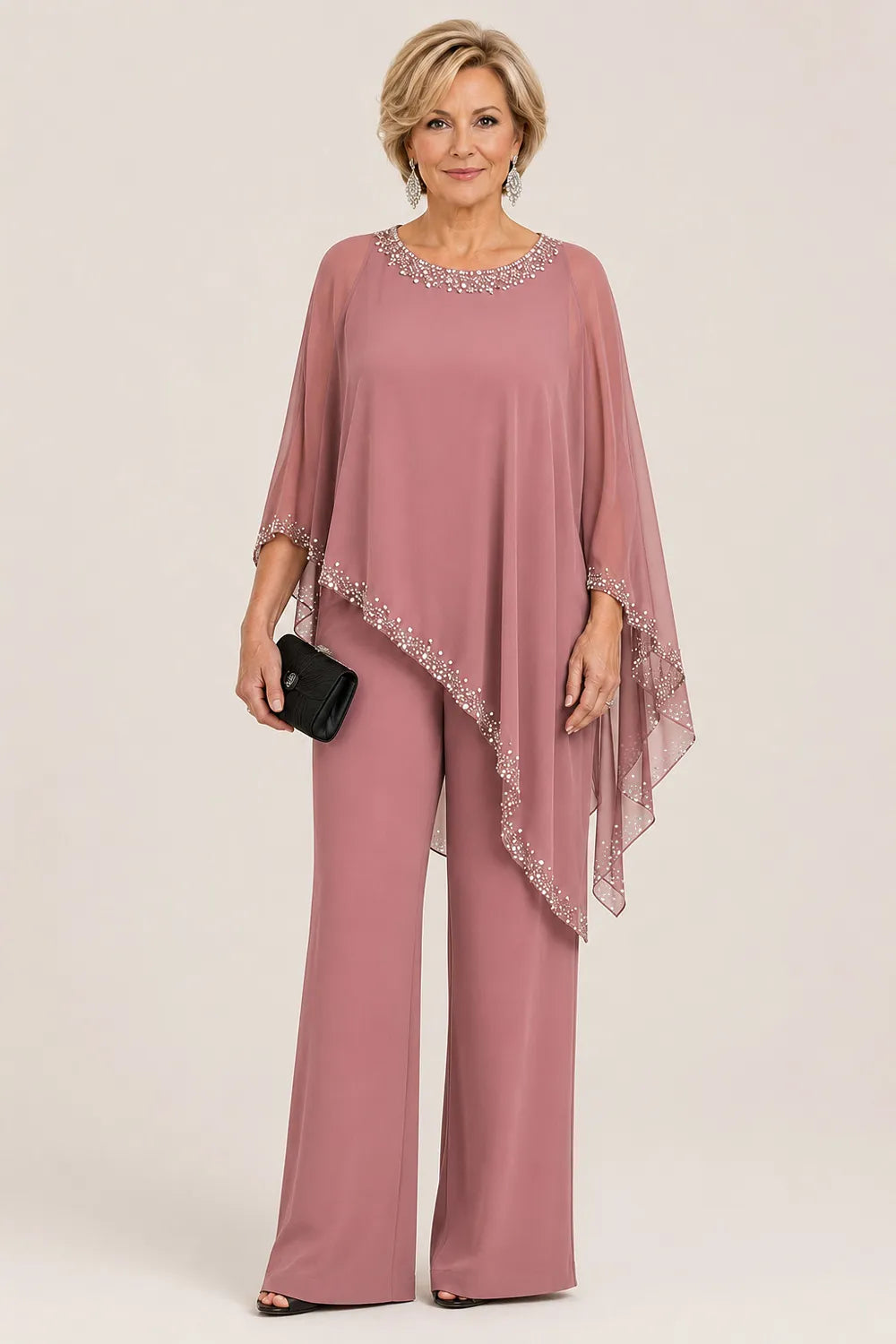 Beaded Chiffon Cape Formal Pant Suit with Wide Legs