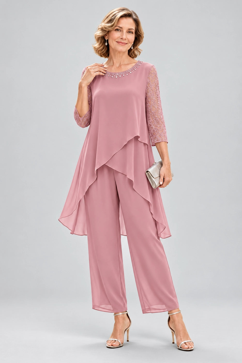 Cross-Tier Lace-Sleeve Chiffon Pant Suit