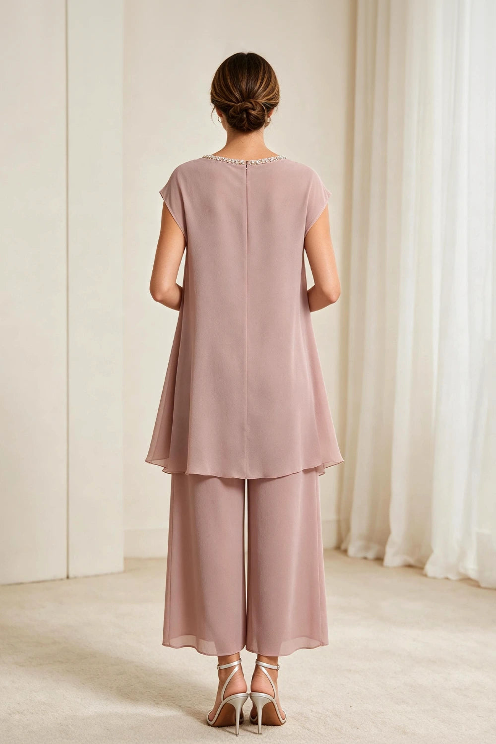 Dusty Rose Draped Asymmetric Chiffon Pant Suit