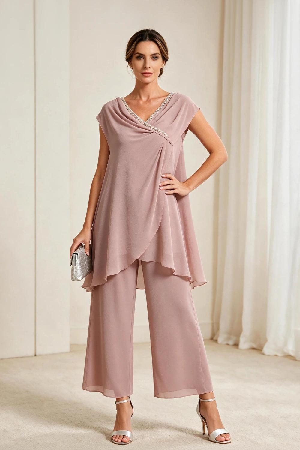 Dusty Rose Draped Asymmetric Chiffon Pant Suit