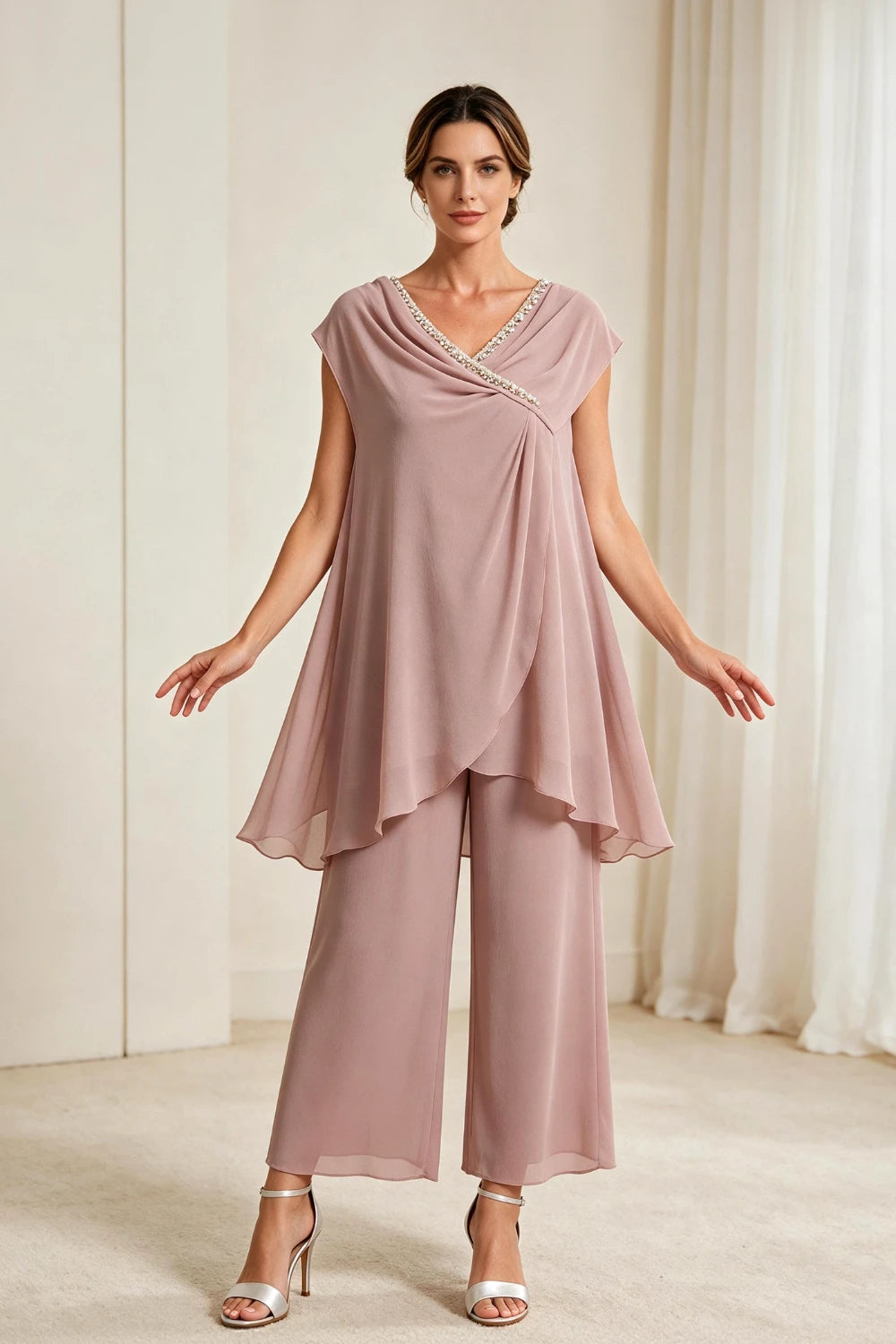 Dusty Rose Draped Asymmetric Chiffon Pant Suit