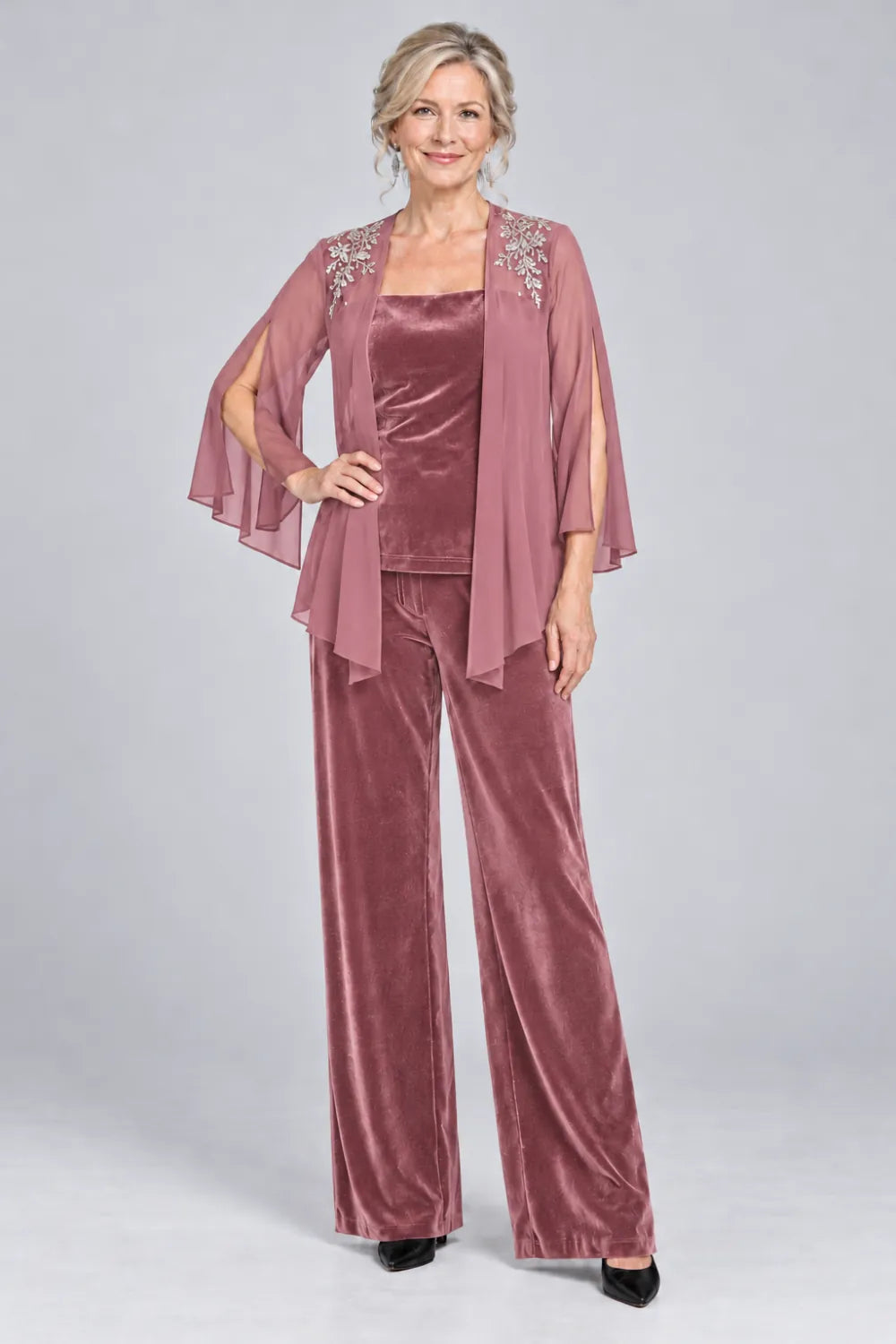 Dusty Rose pant suit with floral shoulder embroidery and square-neck top, front view.