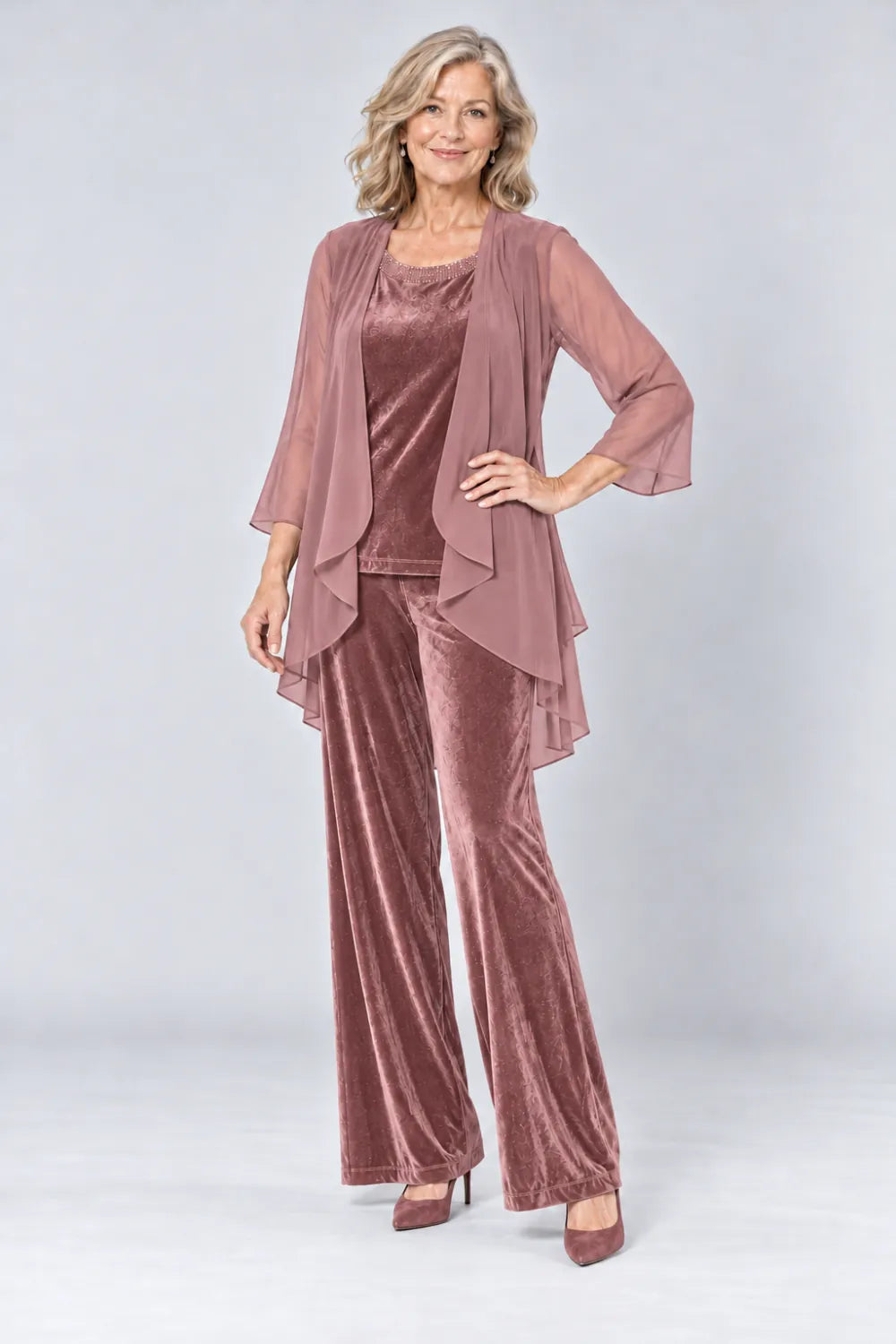 Dusty Rose pant suit with plain waterfall panels and rounded top neckline, front view.