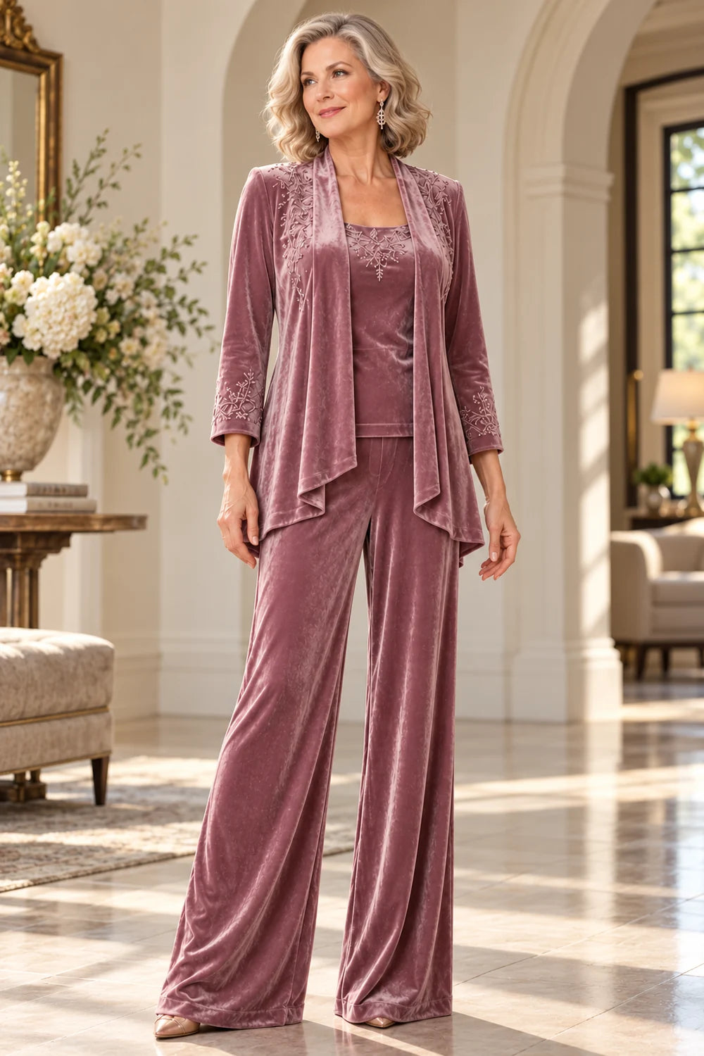 Dusty Rose Embellished Waterfall Mother of the Bride Pant Suit