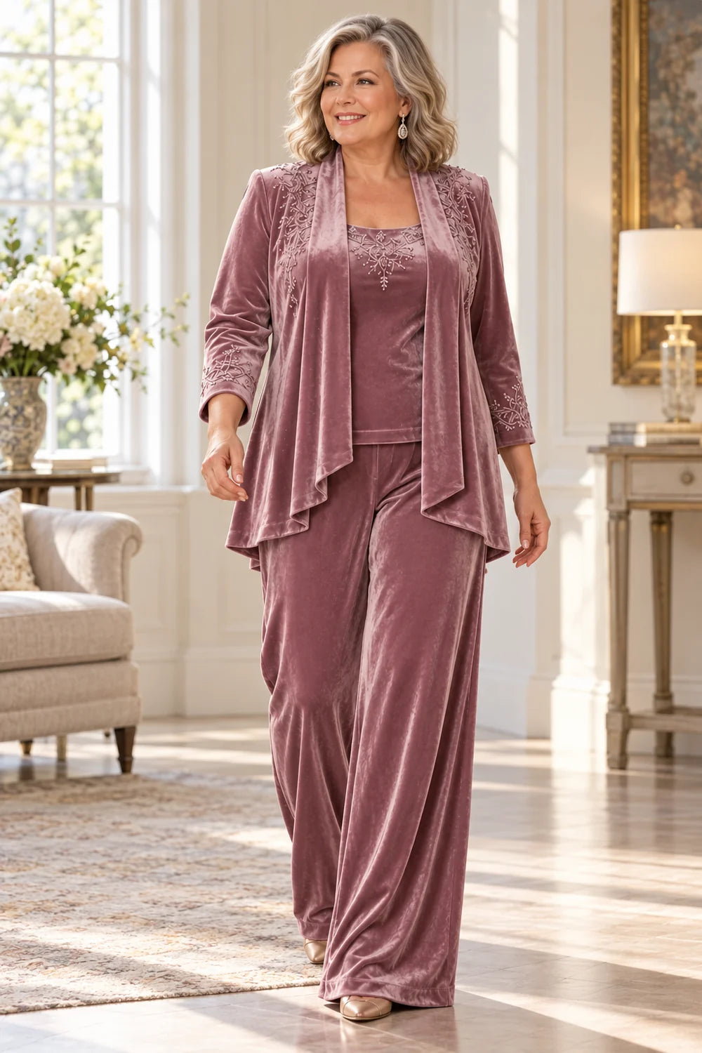 Dusty Rose Embellished Waterfall Mother of the Bride Pant Suit