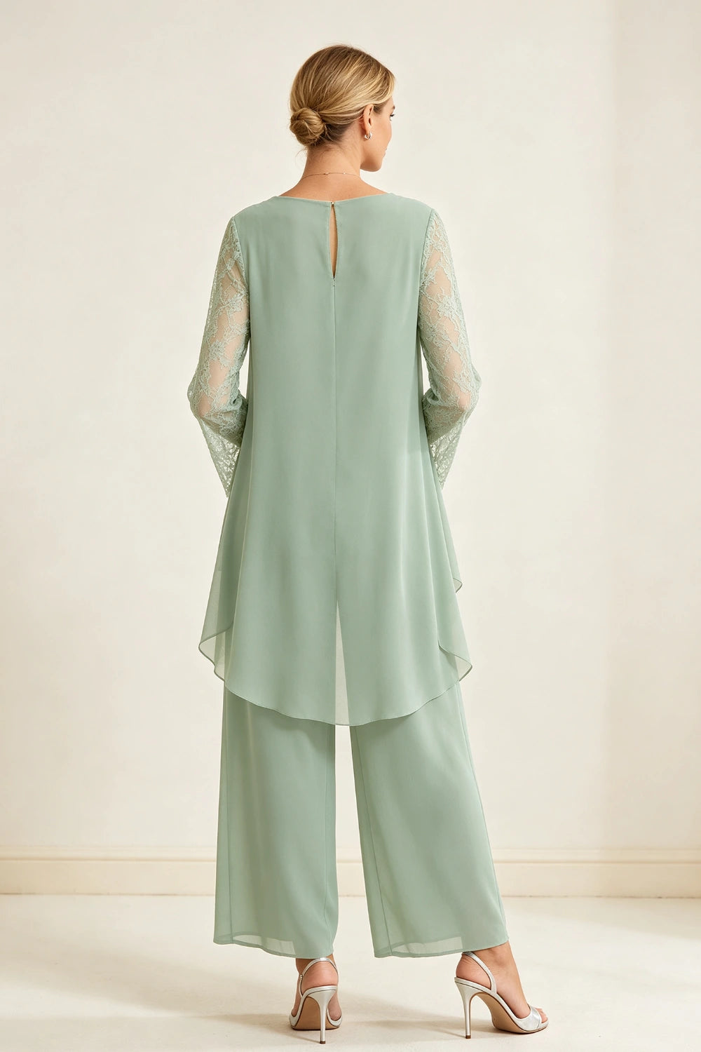 Dusty Sage Beaded Cowl Neck Chiffon Pant Suit