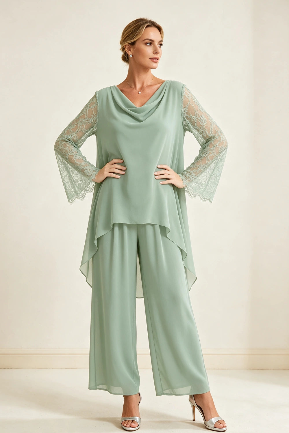 Dusty Sage Beaded Cowl Neck Chiffon Pant Suit