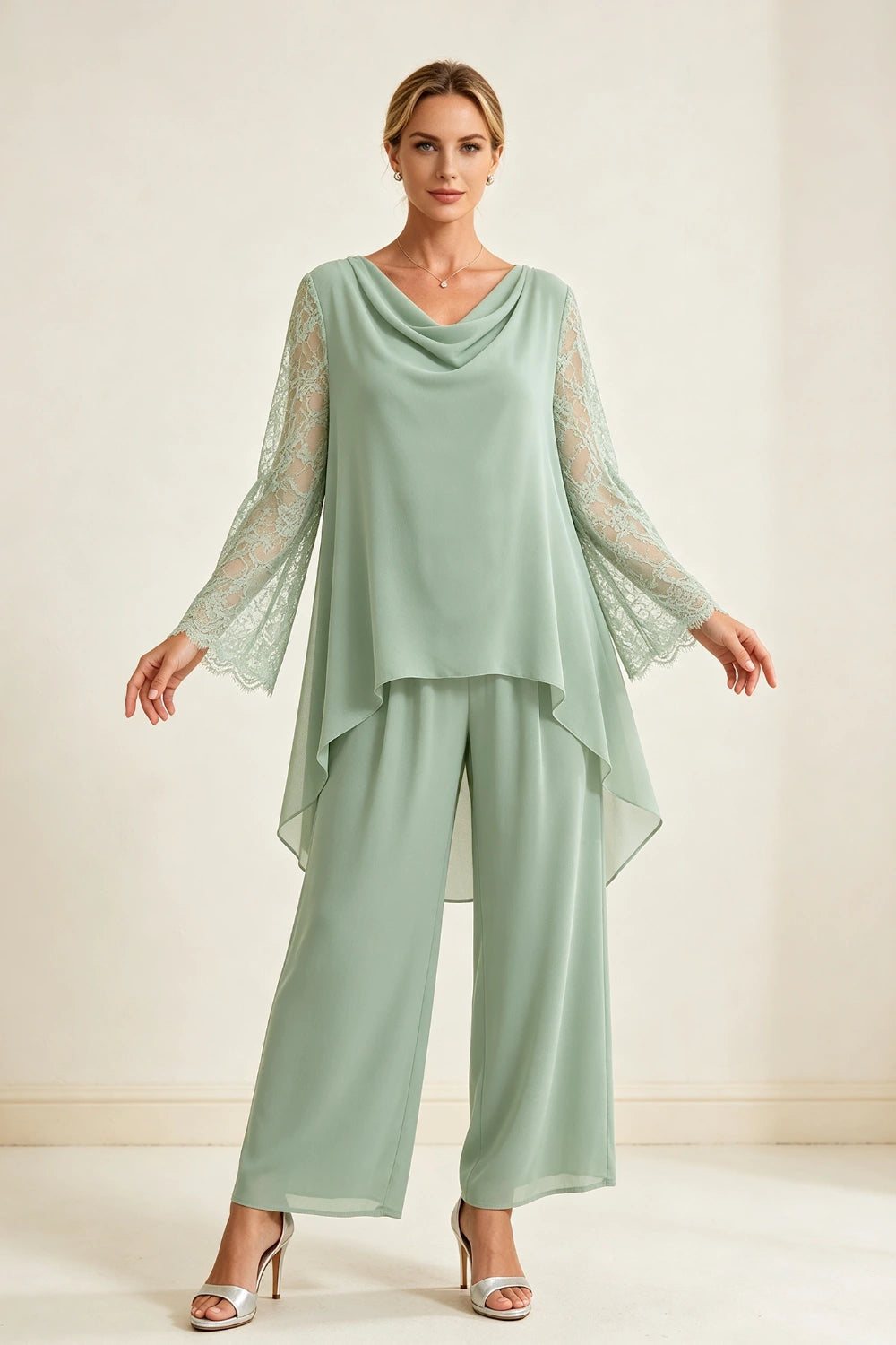 Dusty Sage Beaded Cowl Neck Chiffon Pant Suit