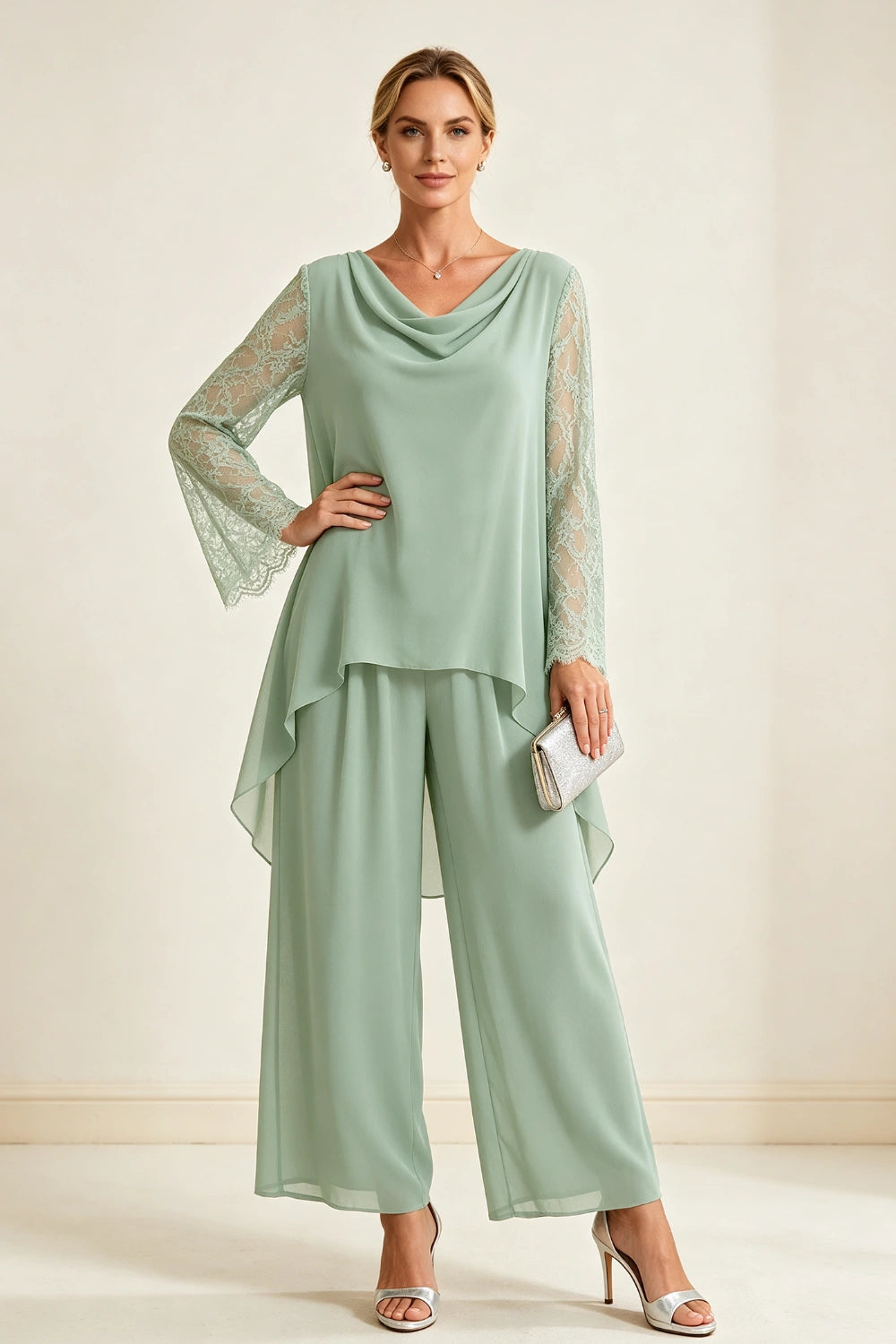 Dusty Sage Beaded Cowl Neck Chiffon Pant Suit