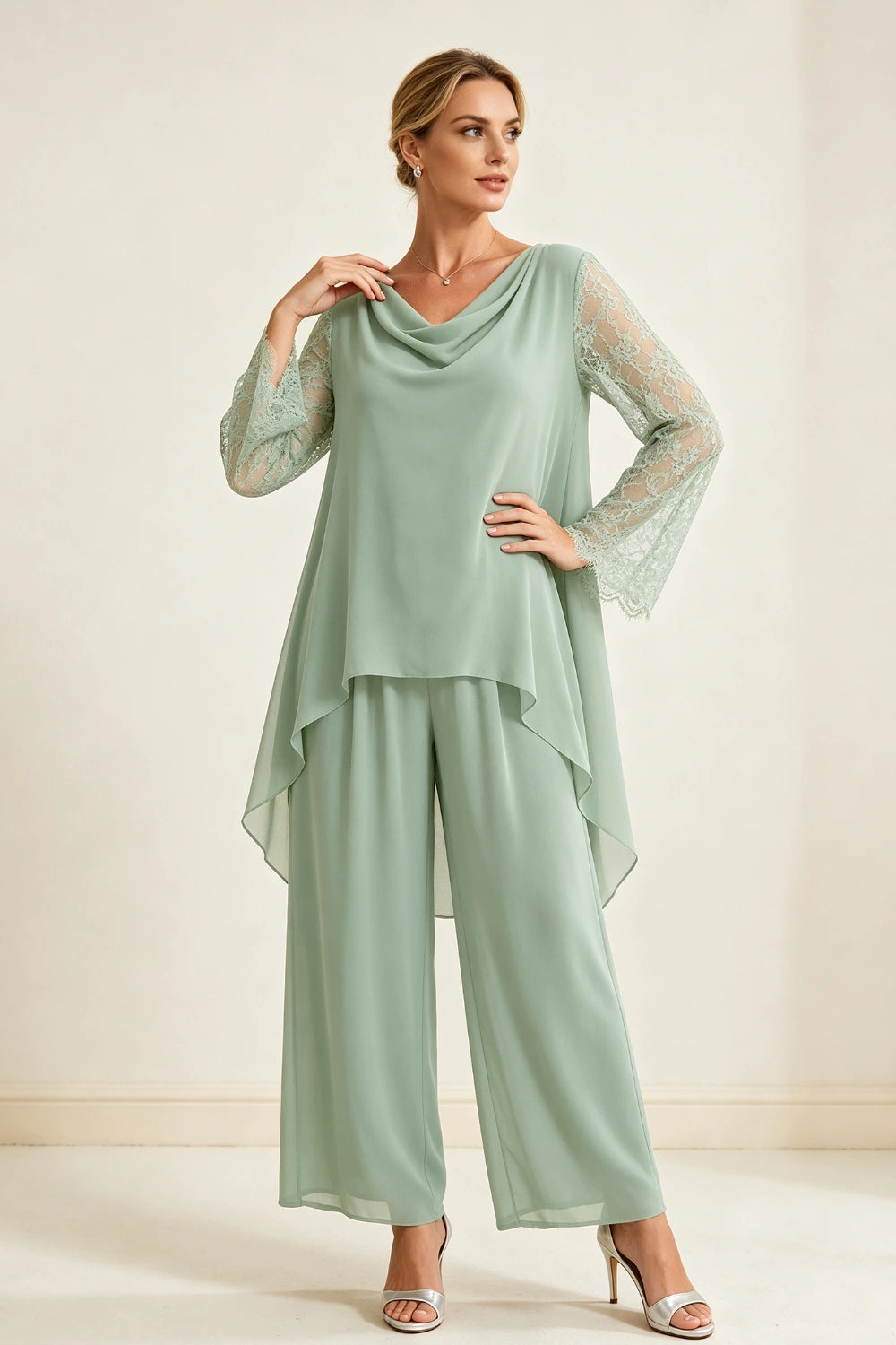 Dusty Sage Beaded Cowl Neck Chiffon Pant Suit