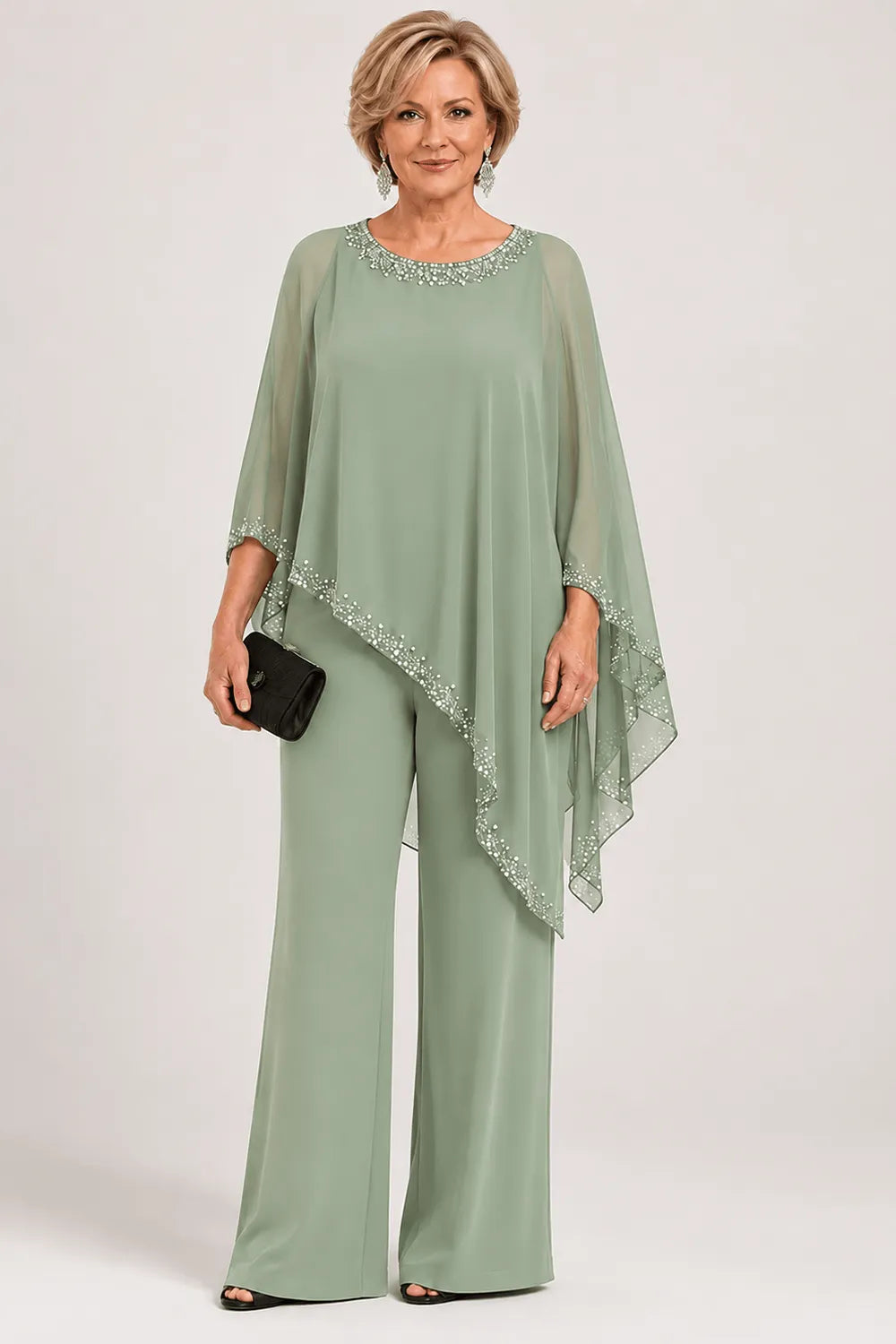 Beaded Chiffon Cape Formal Pant Suit with Wide Legs