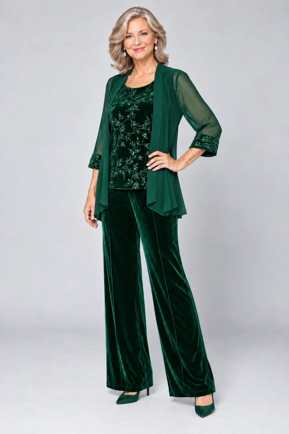 Emerald Green pant suit with tonal floral top and matching cuff panels, front view.