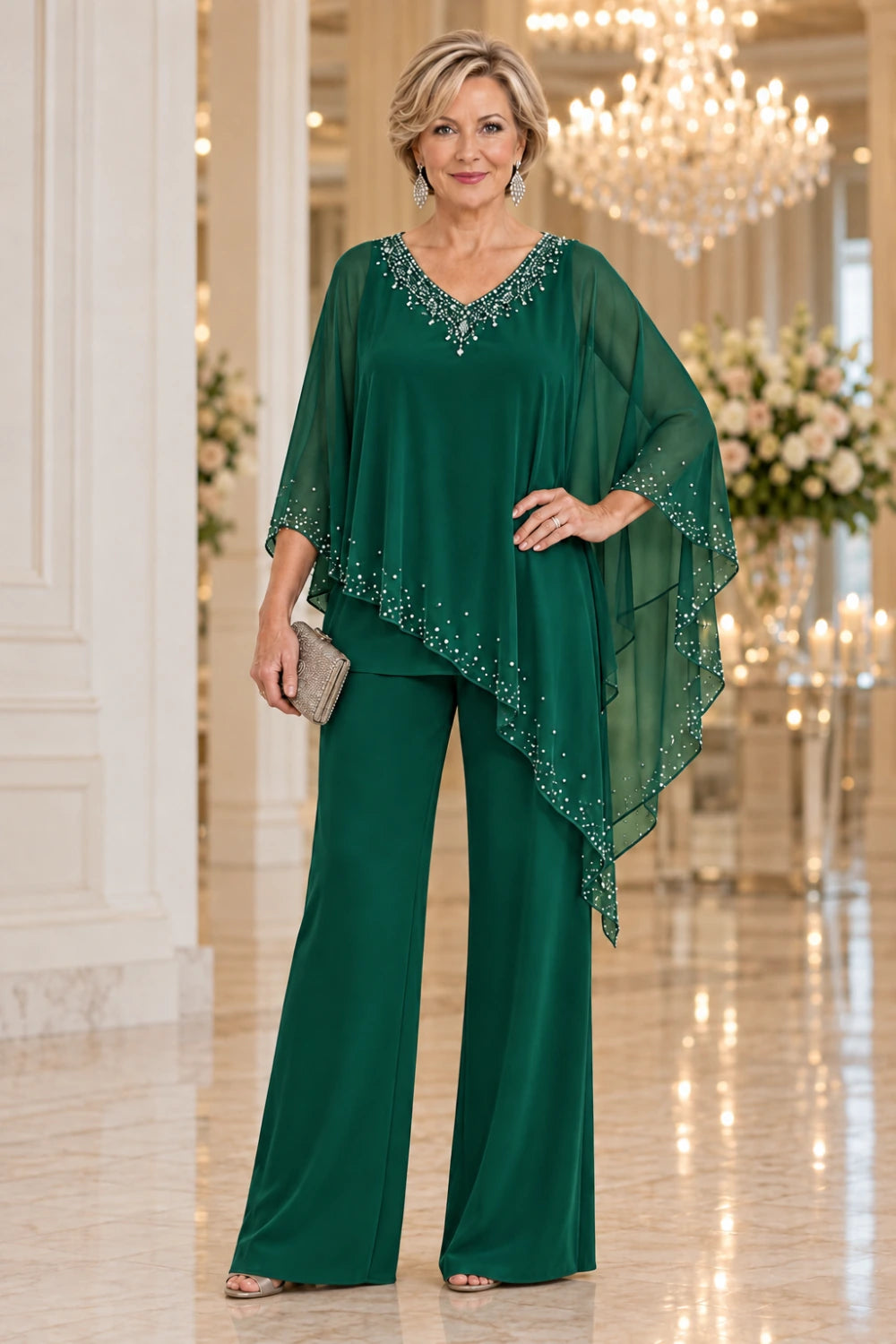 Emerald green trouser outfit with a decorated V neckline and pointed sheer cape, front view.