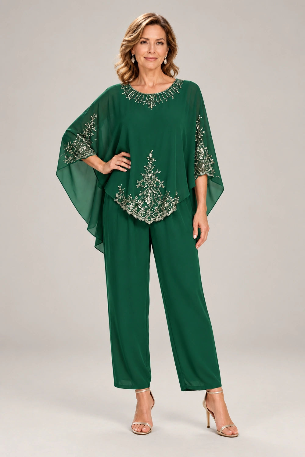Beaded-Lace Cape-Sleeve Chiffon Pant Suit