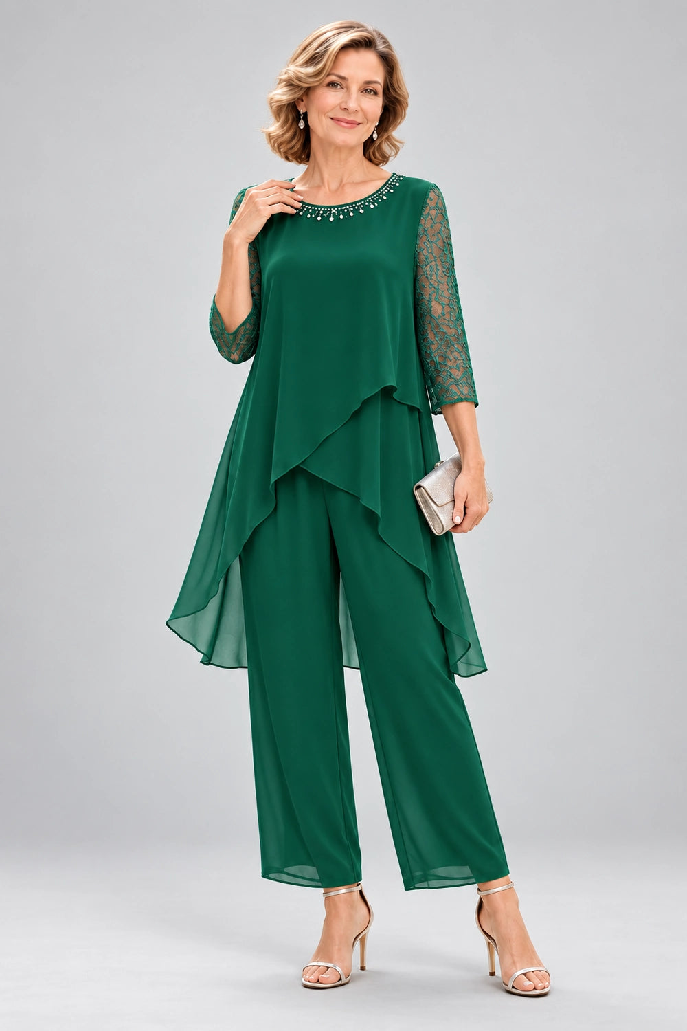 Cross-Tier Lace-Sleeve Chiffon Pant Suit